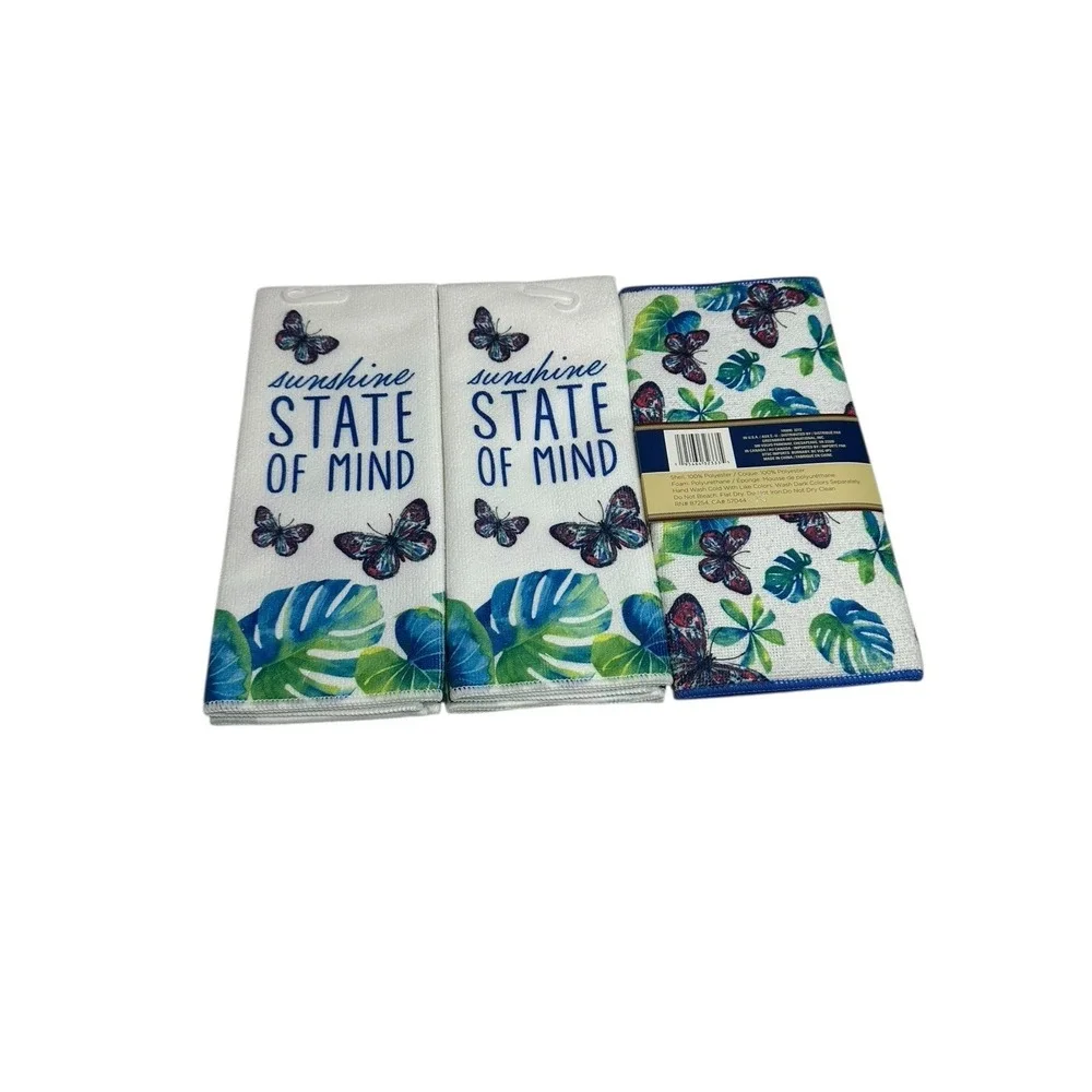 home collection 2 kitchen hand towels with 1 dish drying mat blue butterflies‎